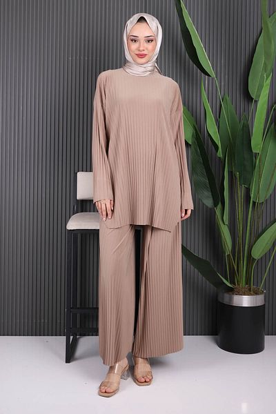 İmajButik Mink Pleated Sandy Tunic Trousers Set