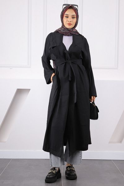 İmajButik Μαύρη καμπαρντίνα με διπλό γιακά με ζώνη μέσης