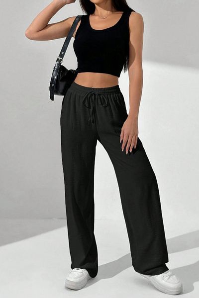 Tarz Cool Black Wide Leg Muslin Women's Trousers