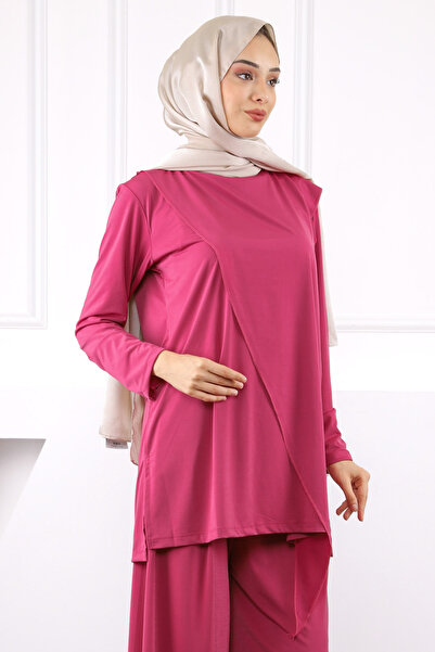 İmajButik Fuchsia Front Detailed Sandy Tunic Trousers Set