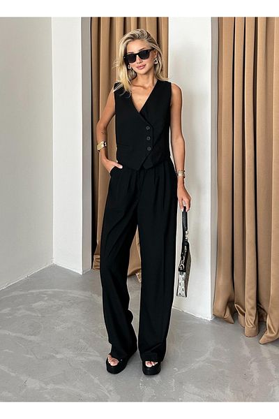 My Blog Black Marginal Cross Closure Vest Pants Suit - 8414