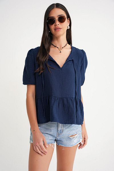 Mixray 4715 Women's Collar Tie Short Sleeve Muslin Blouse Navy Blue