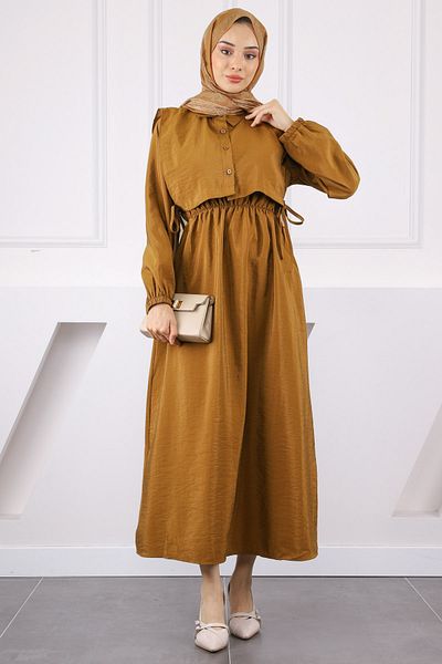İmajButik Σετ Συνδυασμού Φόρεμα με Πουλόβερ Tan