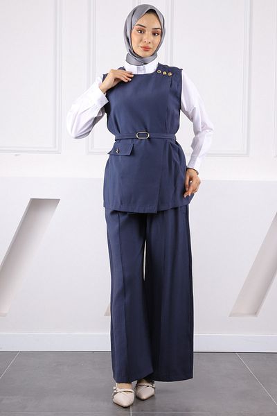 İmajButik Navy Blue Waist Belted Vest and Trousers Suit