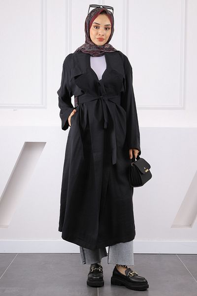 İmajButik Μαύρη καμπαρντίνα με διπλό γιακά με ζώνη μέσης