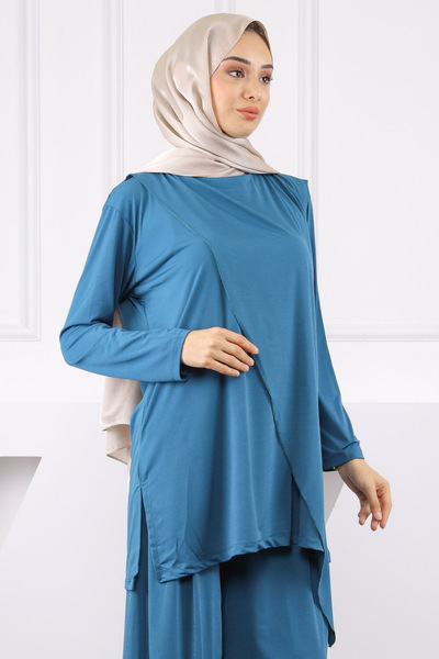 İmajButik Petrol Green Front Detailed Sandy Tunic Trousers Set