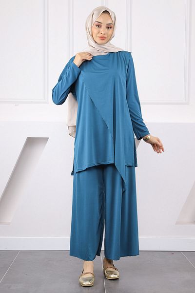 İmajButik Petrol Green Front Detailed Sandy Tunic Trousers Set