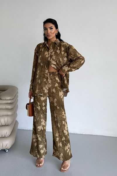 Bipantolon Women's Dark Mustard Leaf Effect Crinkle Shirt Pants Bottom Top Set