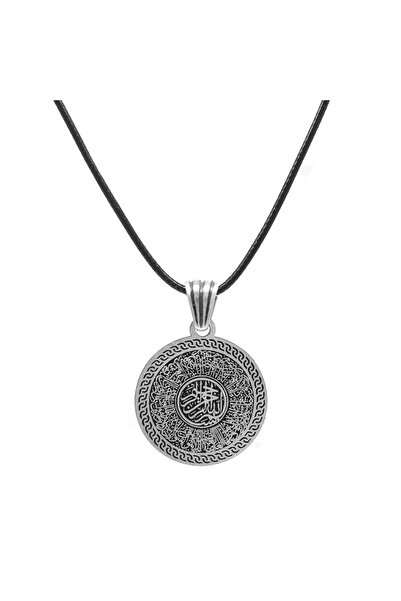 Tesbihane Hüsnü Hat Ayetel Kürsi Yazılı İp Zincirli 925 Ayar Gümüş Madalyon K...