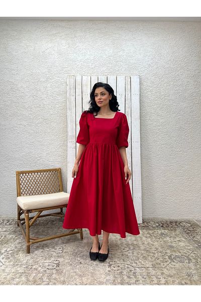 KÜÇÜĞÜM BUTİK Red Big Bow Square Neck Flared Poplin Dress