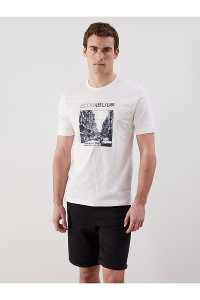 LC Waikiki Męski T-shirt z czesanej bawełny z okrągłym dekoltem i nadrukiem