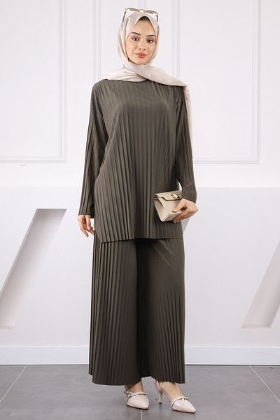 İmajButik Khaki Pleated Sandy Tunic Trousers Set