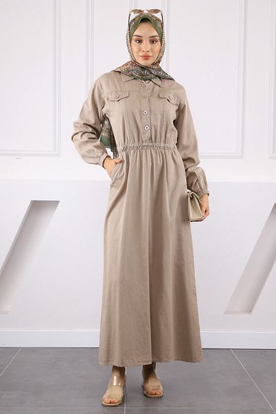 İmajButik Φόρεμα Gabardine με ελαστική τσέπη μέσης βιζόν