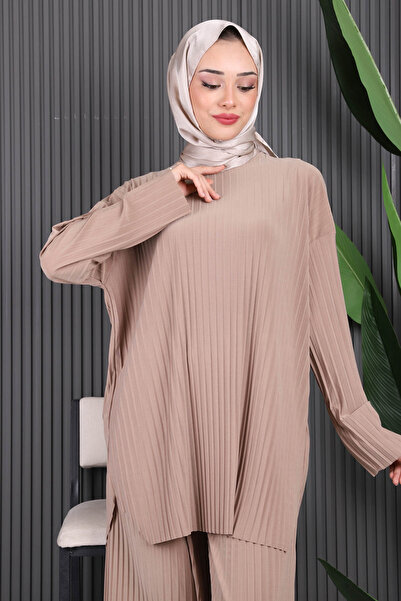 İmajButik Mink Pleated Sandy Tunic Trousers Set