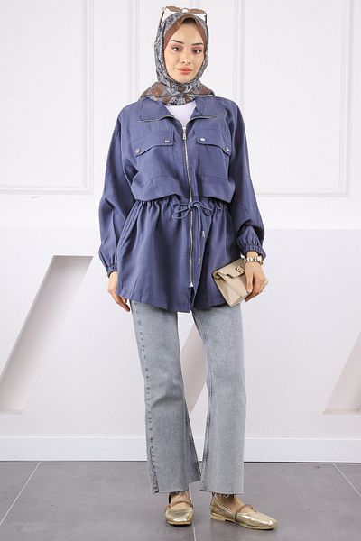 İmajButik Μπουφάν με διπλή τσέπη με μπλε ναυτικό δεμένο στη μέση
