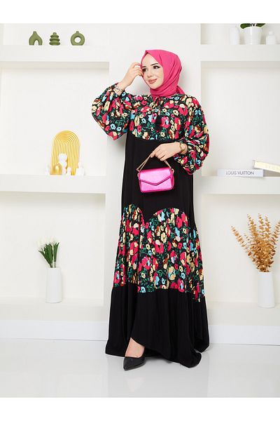 EL jadida Women's Plus Size Floral Pattern Garnished Pompom Detailed Hijab Dress Black