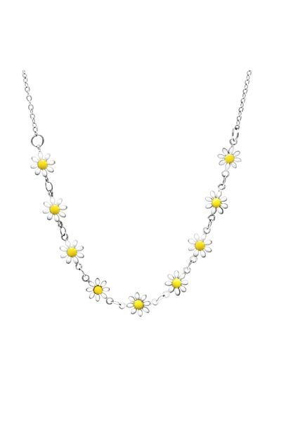 Tesbihane Silver Color Metal Chain Yellow White Enamel Wildflower Detailed Women's Necklace
