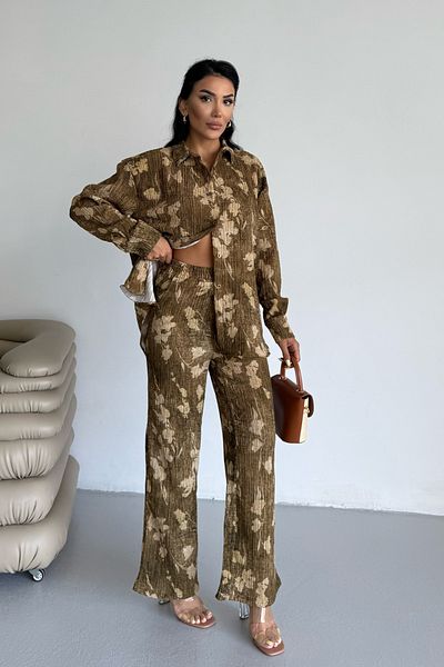 Bipantolon Women's Dark Mustard Leaf Effect Crinkle Shirt Pants Bottom Top Set