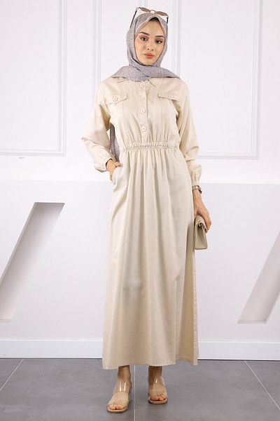 İmajButik Φόρεμα Gabardine με μπεζ ελαστική μέση και τσέπη