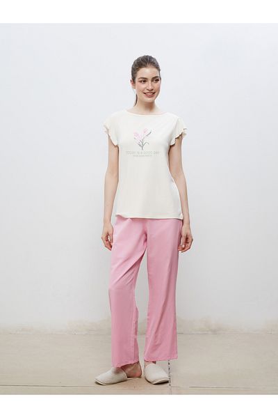 LC Waikiki Bedrucktes Pyjama-Set für Damen mit Rundhalsausschnitt