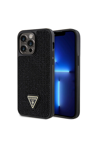 Guess iPhone 13 Pro Max Uyumlu Kılıf Guess Lisanslı Taşlı Arka Yüzey Üçgen Logolu Kapak Siyah