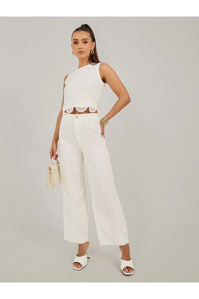 Styli Schiffli Mid Rise Wide Leg Pants