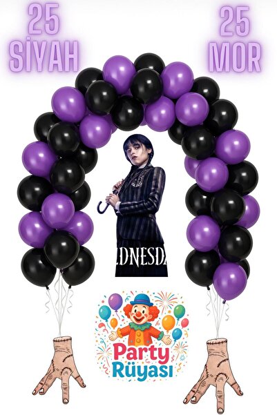 partyrüyası 50 Adet Mor-Siyah Wednesday Balon Zincir Set Wednesday Doğum Günü...