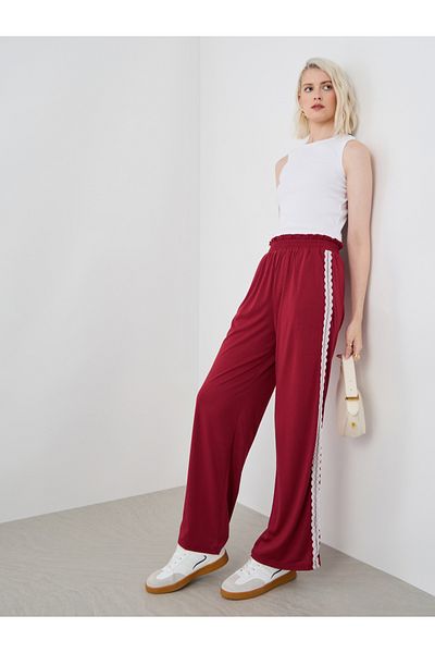 Styli Women Burgundy Side Lace Trim Wide Leg Pants