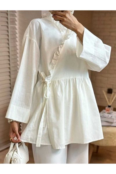 MODA VEDAT Women's Collar Ruffle Detailed Linen Kimono