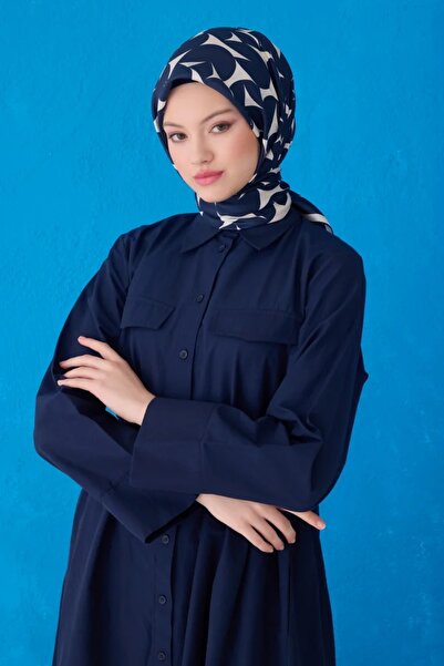 Belli Twill İpek Eşarp 4117D Geometrik Desen Lacivert-Beyaz-81