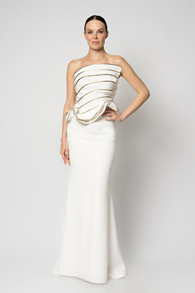 RENGIN Enine kat kat rugan biyeli krep abiye elbise