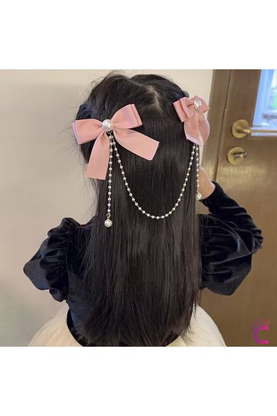 Cinderella Set of 2 Pearl Dangle Red Bow Hairpin Buckle - Elegant Girl's Ribbon Bow Hairpin