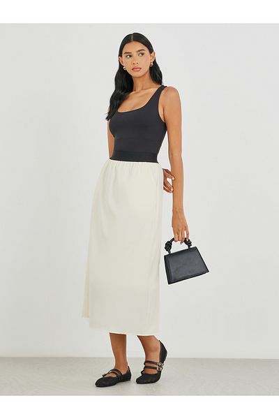 Styli Contrast Waistband Solid Midi Skirt