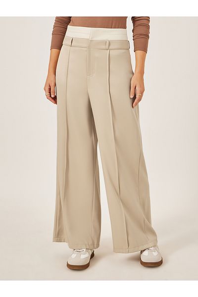Styli Beige Double Waistband Wide Leg Pants with Pintuck Detail