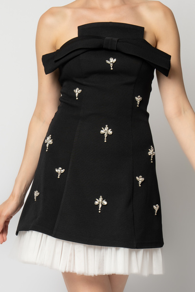 RENGIN Etek ucu tüllü serpme taşlı yakası fiyonk krep abiye elbise