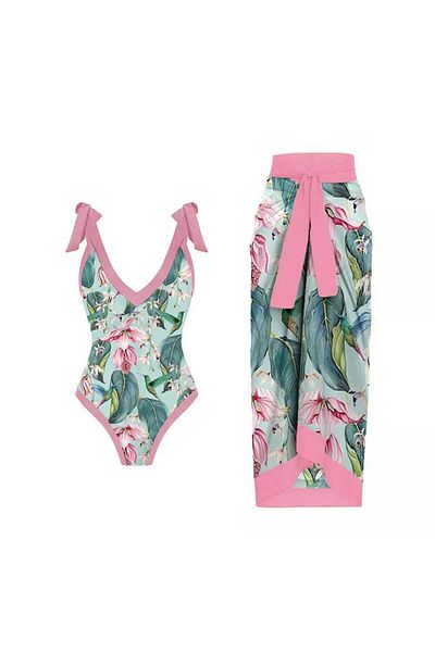 Eros Zone Premium One Piece Swimsuit With Skirt, S, Floral Print, Green-Pink, Tropical Bloom