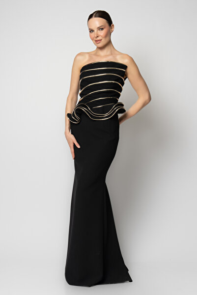 RENGIN Enine kat kat rugan biyeli krep abiye elbise