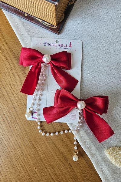 Cinderella Set of 2 Pearl Dangle Red Bow Hairpin Buckle - Elegant Girl's Ribbon Bow Hairpin
