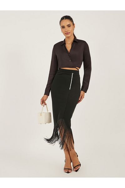 Styli Wrap Midi Skirt with Fringe Hem