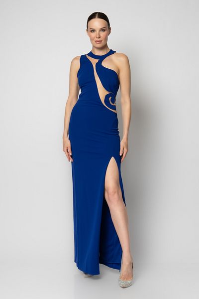 RENGIN Laser Cut Crepe Evening Dress with Motif on the Back and Chest