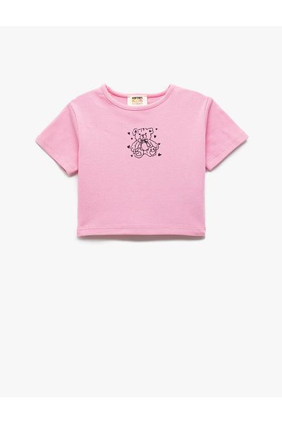 Koton Cotton Short Sleeve Crew Neck Camisole Teddy Bear Printed Crop T-Shirt