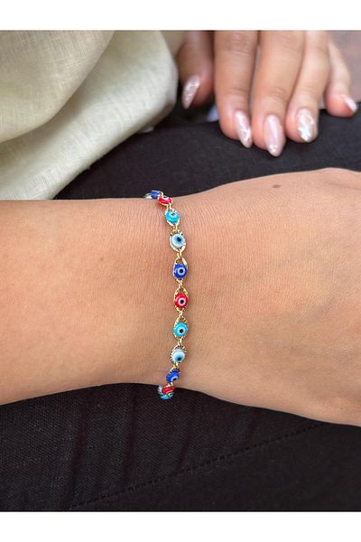 Akiha Aksesuar Multicolored Steel Premium Bracelet with Evil Eye Beads