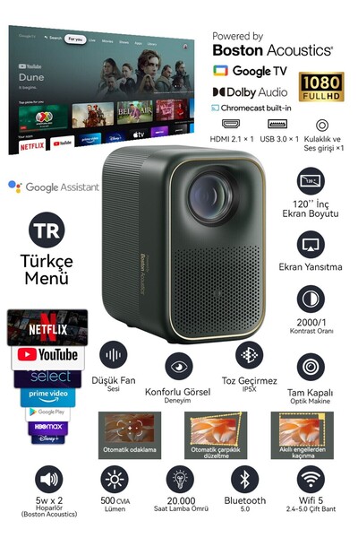 Formovie Xming Page One Projeksiyon Cihazı, Google TV, 500 CVIA Lümen, Dolby ...