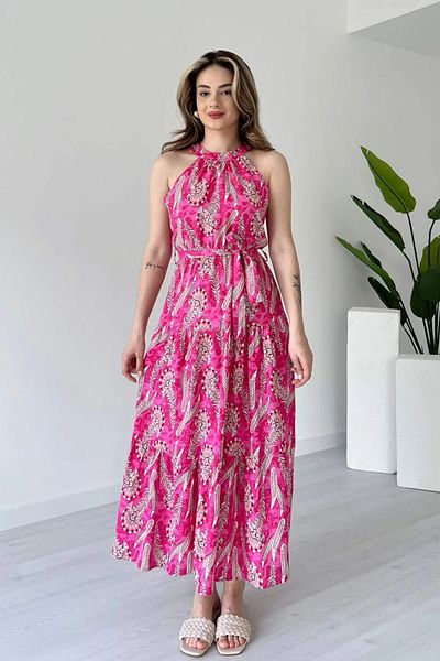 Sorridi Halter Neckline Floral Print Long Dress with Belt at Waist