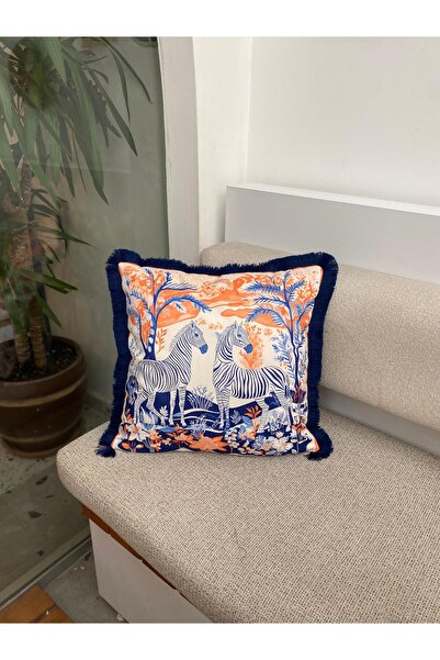 RahanDesign Zebra Desenli Çift Taraflı Saçaklı Dekoratif Kırlent Kılıfı - 43x43cm - Dekoratif Kırlent Kılıfı