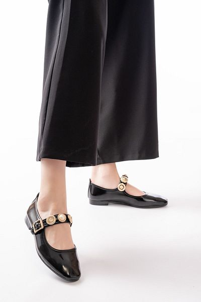 YASEMİN Women's Black Patent Leather Daily Ballerina Buckle Adjustable Lightweight Comfortable Shoes - Lara