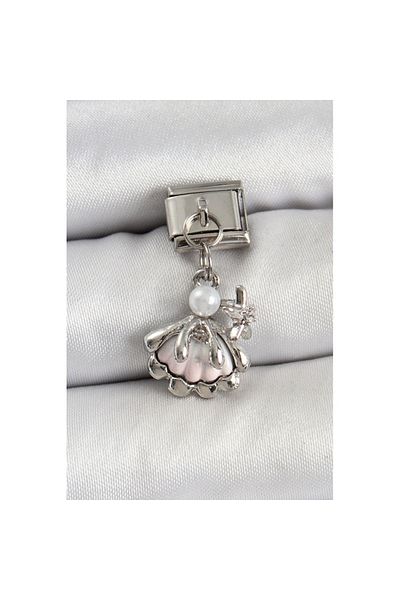 Skygo 316L Steel Dangle Pearl Detail Oyster Model Silver Color Nomination Charm - Tj-Bc1453