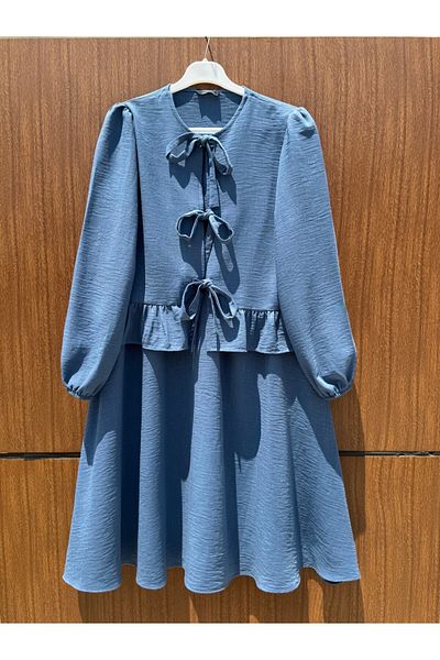 Modamorfo Lace-Up Front Sleeve Elastic Skirt Suit -Indigo