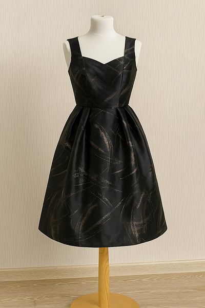 Petek Collection Black Patterned Lined Taffeta Evening Dress Homecoming Dress (Measurements in Description)