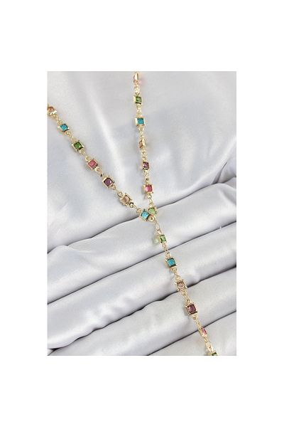 Skygo Brass Assorti Square Model Gold Color Zircon Stone Y Necklace - Tj-Bko10254
